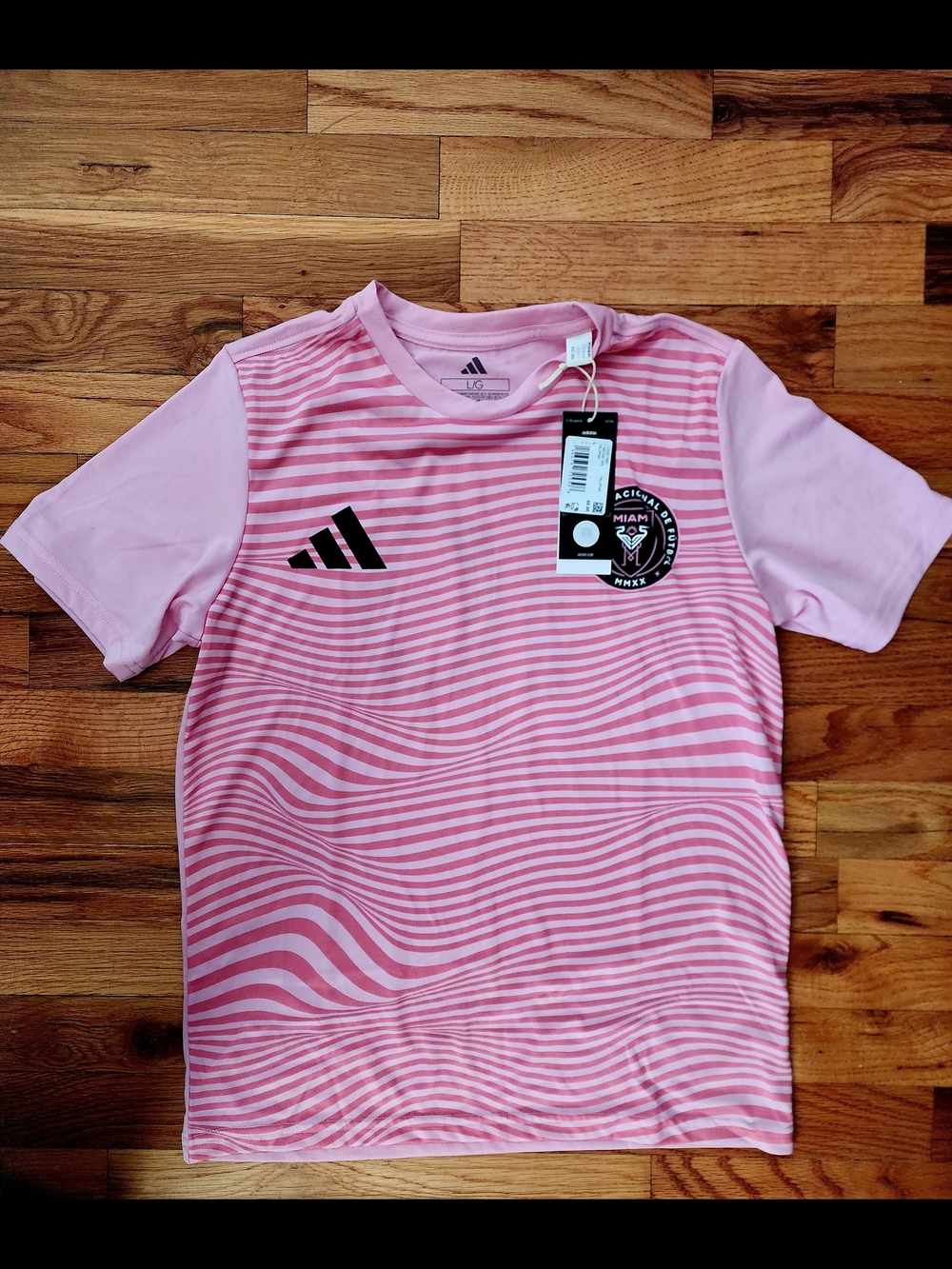 Adidas Messi Pink Wave-Strips Womans Short Sleeve Jersey